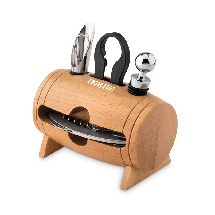 GiftRetail MO9523 - Wooden mini barrel with 4 wine accessories