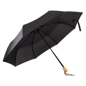 EgotierPro 50651 - RPET Pongee Folding Umbrella with Wooden Handle PUCK Black